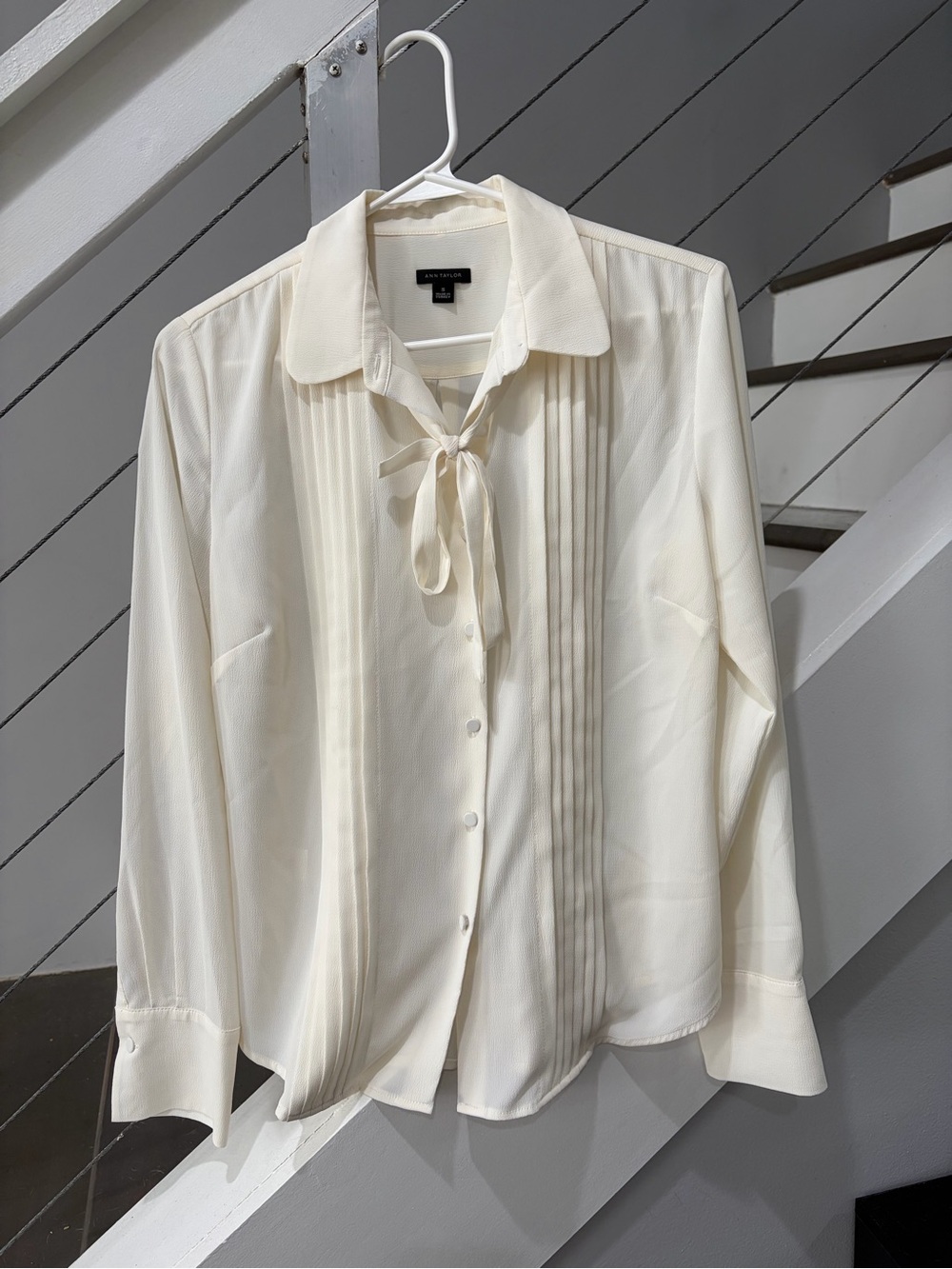 Ann Taylor Cream Pleated Tie-Neck Dress Shirt